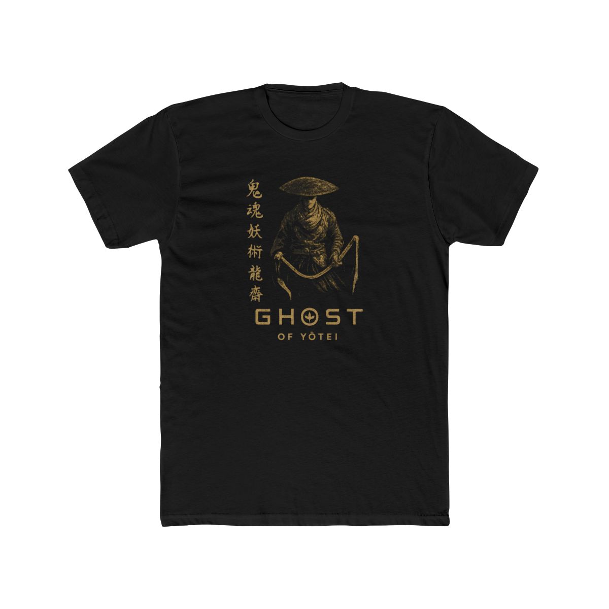 Dark grey t-shirt with a gold illustration of a samurai warrior and Japanese text. The shirt features the words "GHOST of YOTEI" in gold. The t-shirt has a vintage style.