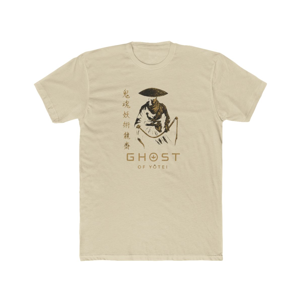 Dark grey t-shirt with a gold illustration of a samurai warrior and Japanese text. The shirt features the words "GHOST of YOTEI" in gold. The t-shirt has a vintage style. - Official T-Shirts merchandise