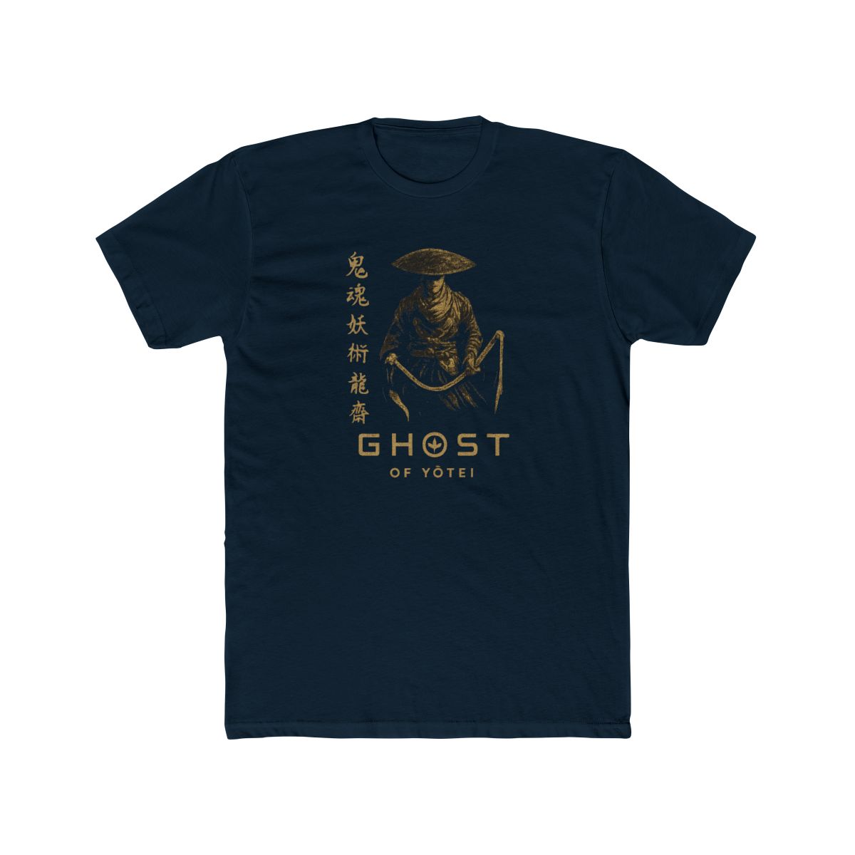 Dark grey t-shirt with a gold illustration of a samurai warrior and Japanese text. The shirt features the words "GHOST of YOTEI" in gold. The t-shirt has a vintage style. - alternate angle 5, merchandise
