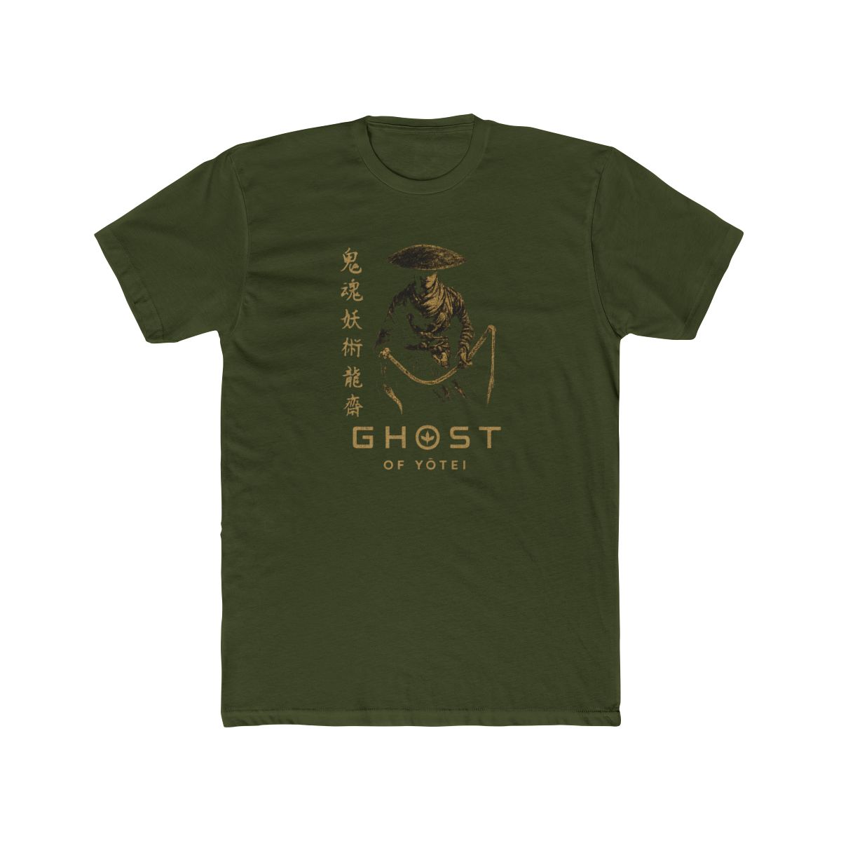 Dark grey t-shirt with a gold illustration of a samurai warrior and Japanese text. The shirt features the words "GHOST of YOTEI" in gold. The t-shirt has a vintage style. - alternate angle 4, merchandise