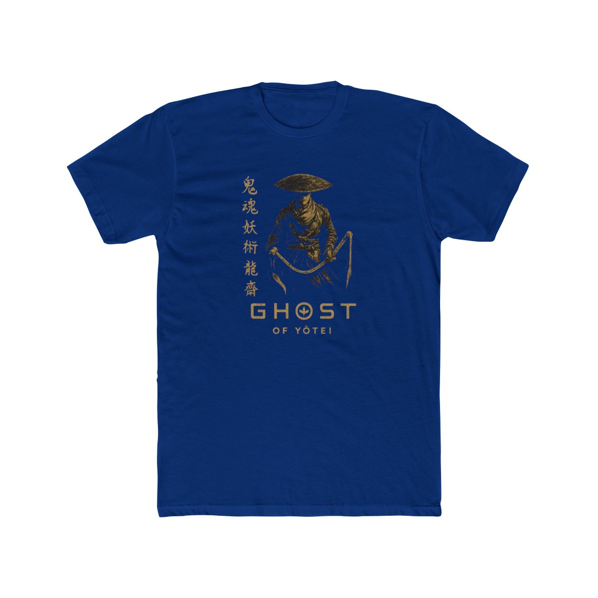 Dark grey t-shirt with a gold illustration of a samurai warrior and Japanese text. The shirt features the words "GHOST of YOTEI" in gold. The t-shirt has a vintage style. - alternate angle 2, merchandise