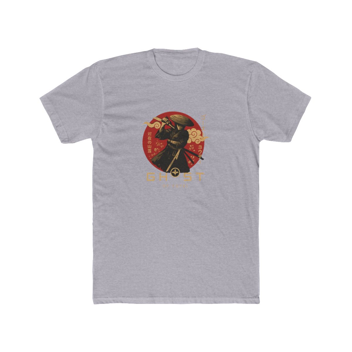 Dark grey t-shirt with a samurai warrior graphic in a red circle, Japanese text, and floral details. The shirt displays "GHOST OF YOTEI" in gold. A stylish tee for fans of Japanese culture.