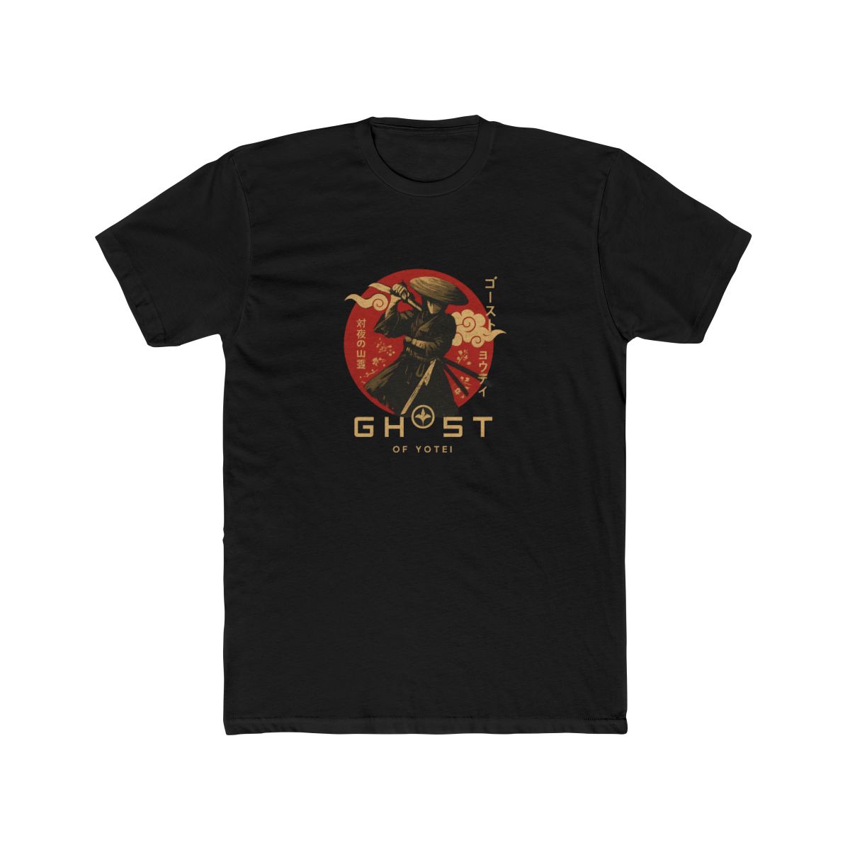 Dark grey t-shirt with a samurai warrior graphic in a red circle, Japanese text, and floral details. The shirt displays "GHOST OF YOTEI" in gold. A stylish tee for fans of Japanese culture. - alternate angle 3, merchandise