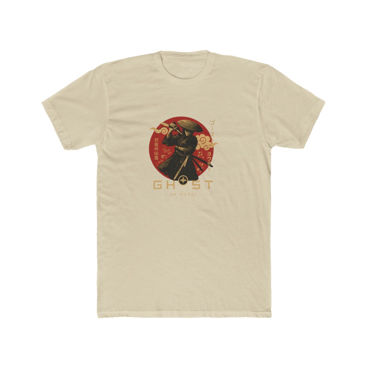 Dark grey t-shirt with a samurai warrior graphic in a red circle, Japanese text, and floral details. The shirt displays "GHOST OF YOTEI" in gold. A stylish tee for fans of Japanese culture. - alternate angle 4, merchandise