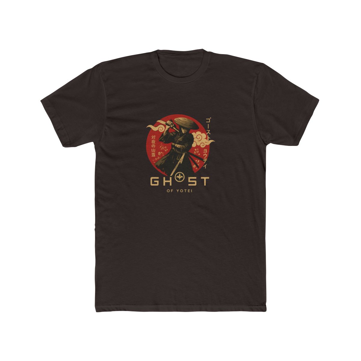 Dark grey t-shirt with a samurai warrior graphic in a red circle, Japanese text, and floral details. The shirt displays "GHOST OF YOTEI" in gold. A stylish tee for fans of Japanese culture. - alternate angle 2, merchandise