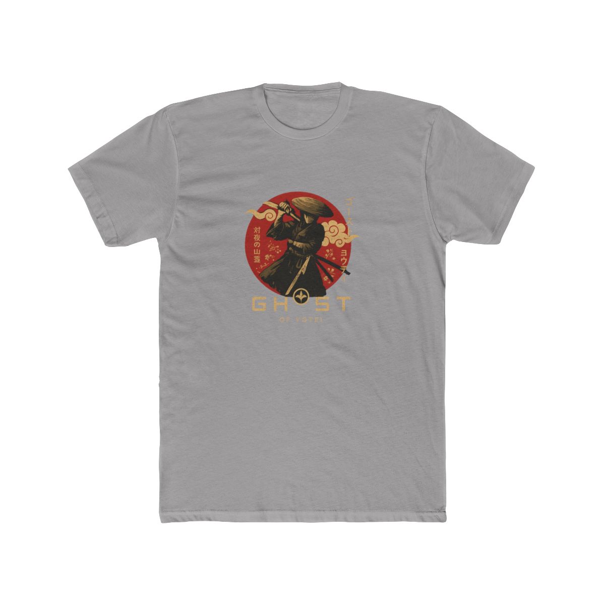 Dark grey t-shirt with a samurai warrior graphic in a red circle, Japanese text, and floral details. The shirt displays "GHOST OF YOTEI" in gold. A stylish tee for fans of Japanese culture. - Official T-Shirts merchandise