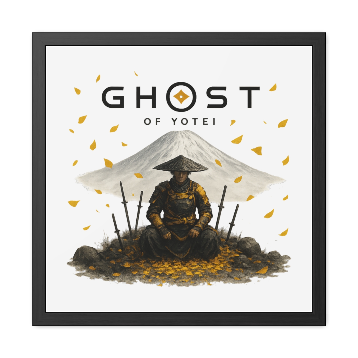 Framed art print with the title "GHOST OF YOTEI". It depicts a samurai warrior in yellow and black attire, set against a mountain. The image includes falling yellow leaves and several swords.