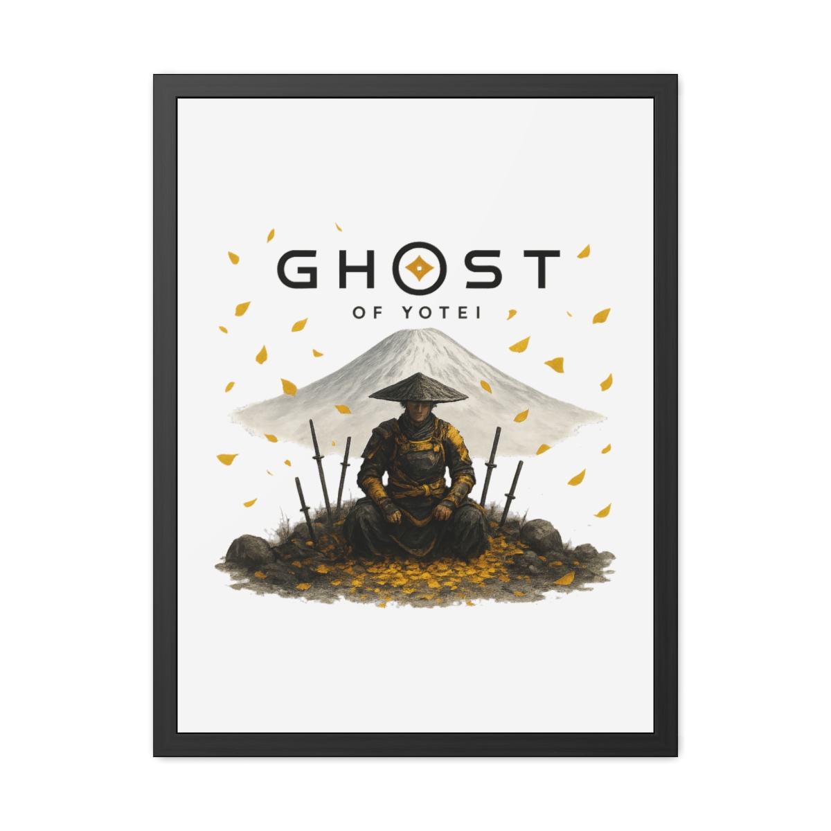 Framed art print with the title "GHOST OF YOTEI". It depicts a samurai warrior in yellow and black attire, set against a mountain. The image includes falling yellow leaves and several swords. - alternate angle 5, merchandise