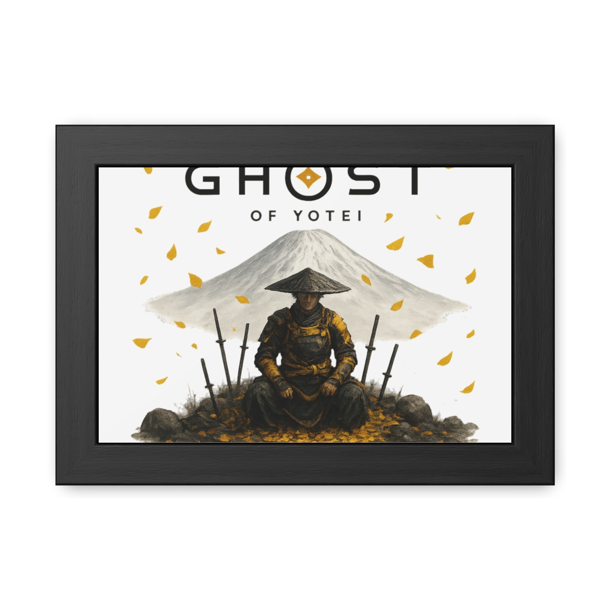 Framed art print with the title "GHOST OF YOTEI". It depicts a samurai warrior in yellow and black attire, set against a mountain. The image includes falling yellow leaves and several swords. - alternate angle 2, merchandise