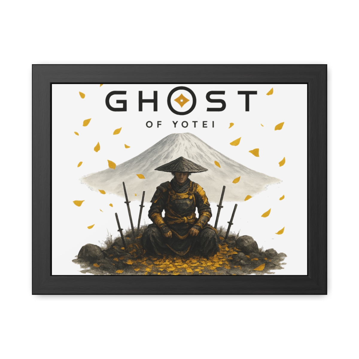 Framed art print with the title "GHOST OF YOTEI". It depicts a samurai warrior in yellow and black attire, set against a mountain. The image includes falling yellow leaves and several swords. - alternate angle 4, merchandise