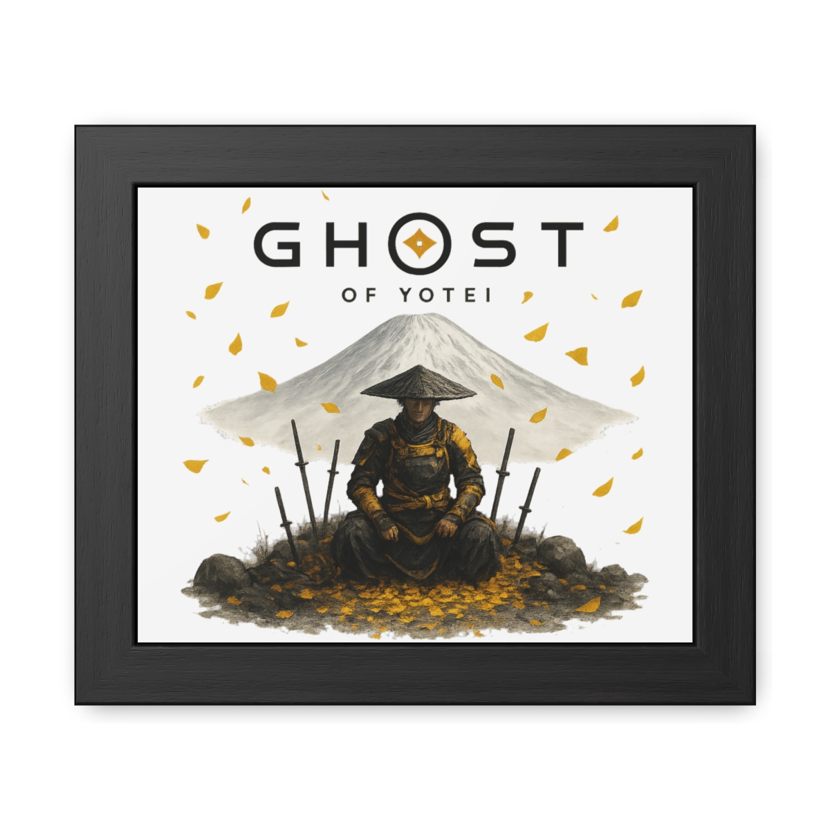 Framed art print with the title "GHOST OF YOTEI". It depicts a samurai warrior in yellow and black attire, set against a mountain. The image includes falling yellow leaves and several swords. - alternate angle 1, merchandise