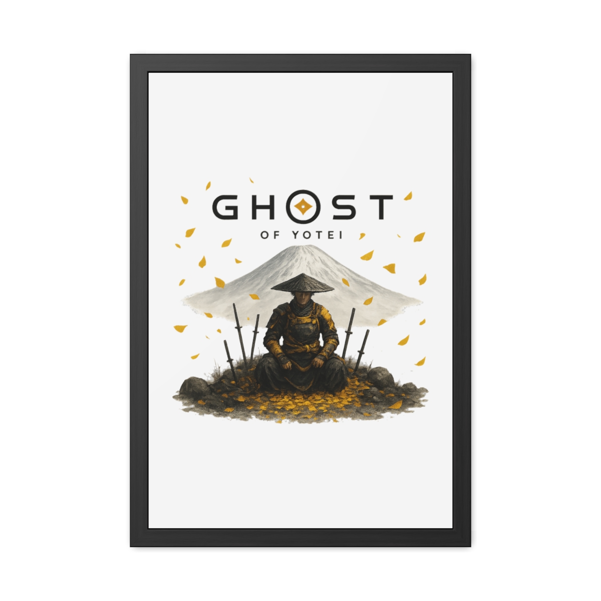 Framed art print with the title "GHOST OF YOTEI". It depicts a samurai warrior in yellow and black attire, set against a mountain. The image includes falling yellow leaves and several swords. - alternate angle 4, merchandise