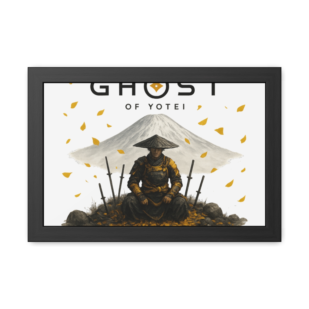 Framed art print with the title "GHOST OF YOTEI". It depicts a samurai warrior in yellow and black attire, set against a mountain. The image includes falling yellow leaves and several swords. - alternate angle 5, merchandise