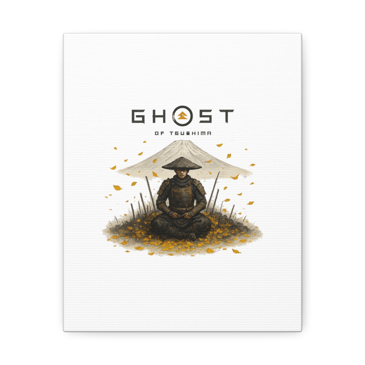 A multi-panel canvas art piece depicting a samurai warrior in a field of yellow leaves, with Mount Fuji in the background. The text "GHOST OF YOTEI" is displayed above the warrior. The artwork has a...