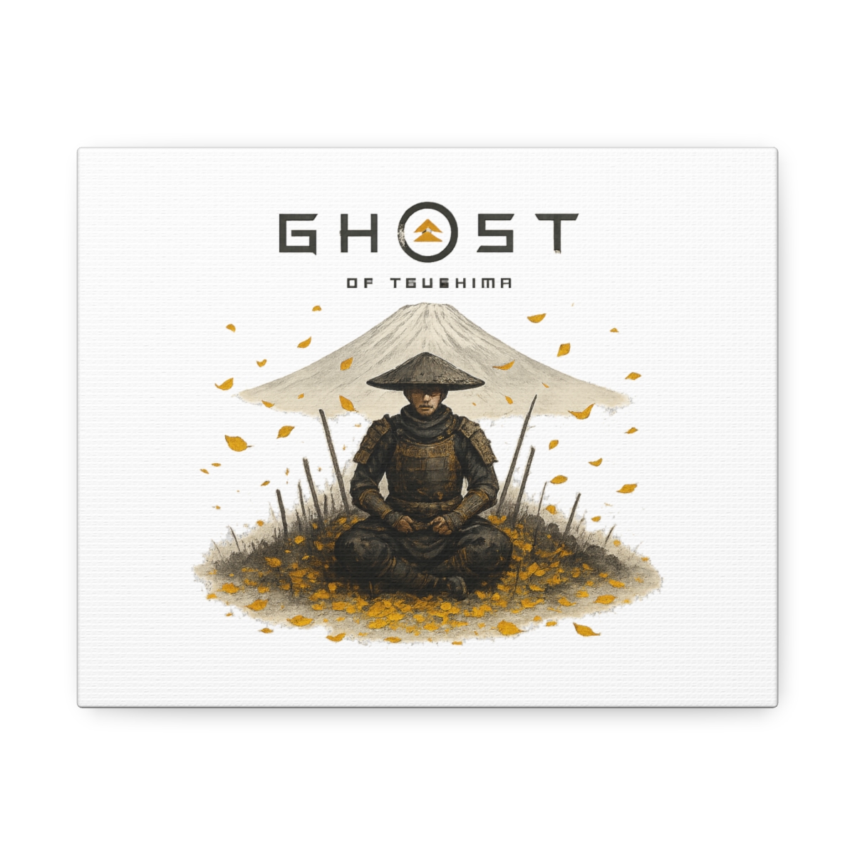 A multi-panel canvas art piece depicting a samurai warrior in a field of yellow leaves, with Mount Fuji in the background. The text "GHOST OF YOTEI" is displayed above the warrior. The artwork has a... - Official Accessories merchandise