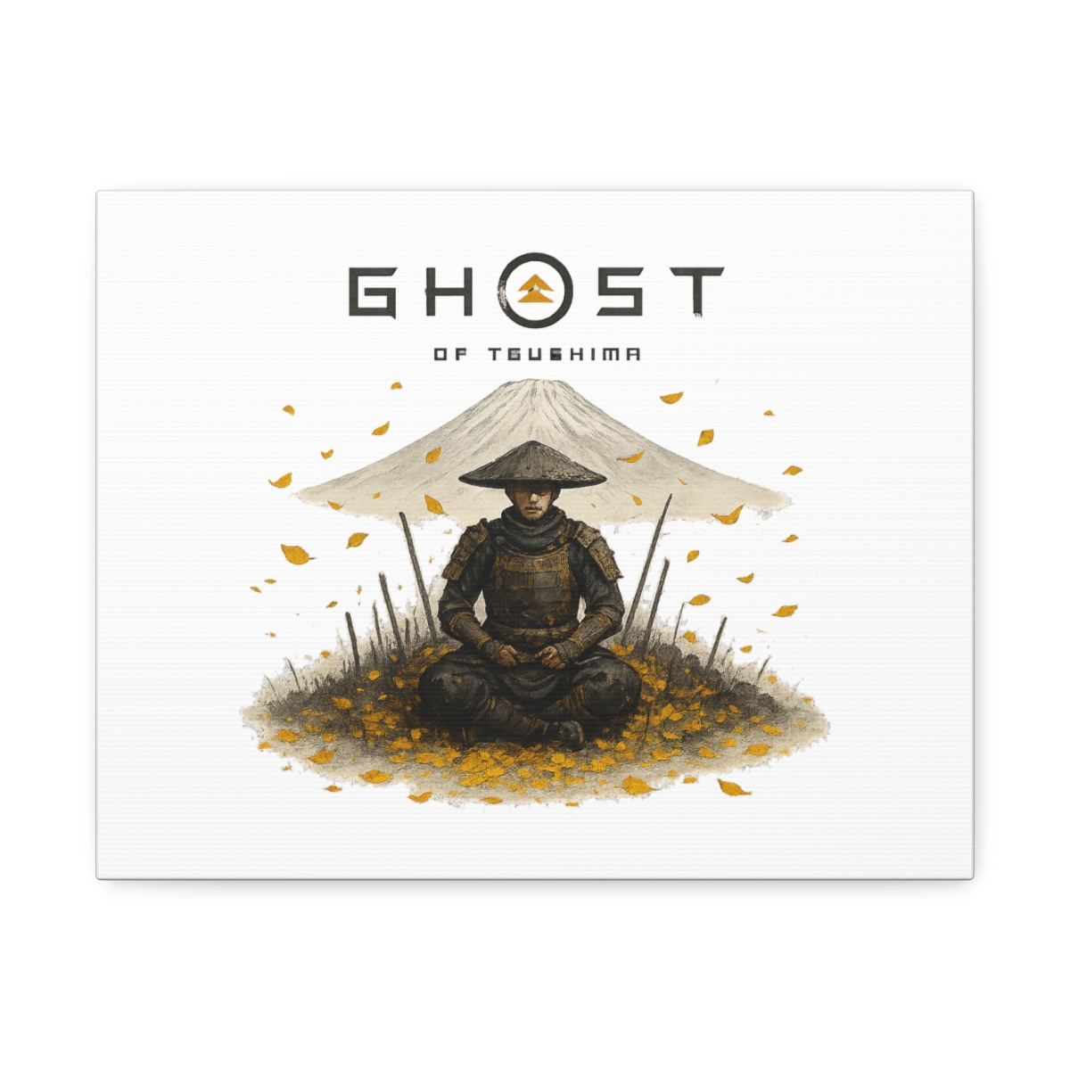 A multi-panel canvas art piece depicting a samurai warrior in a field of yellow leaves, with Mount Fuji in the background. The text "GHOST OF YOTEI" is displayed above the warrior. The artwork has a... - alternate angle 2, merchandise