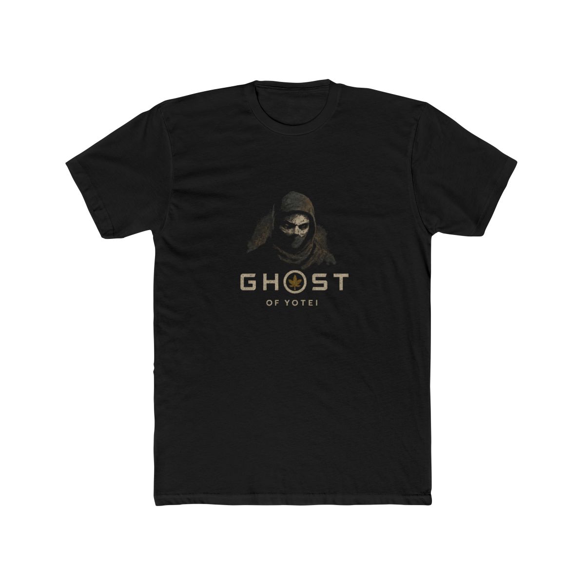 Dark grey T Shirt with a graphic of a masked figure and the white text "GHOST OF YOTEI". The design includes a circular emblem with a leaf. The shirt has a vintage, worn appearance