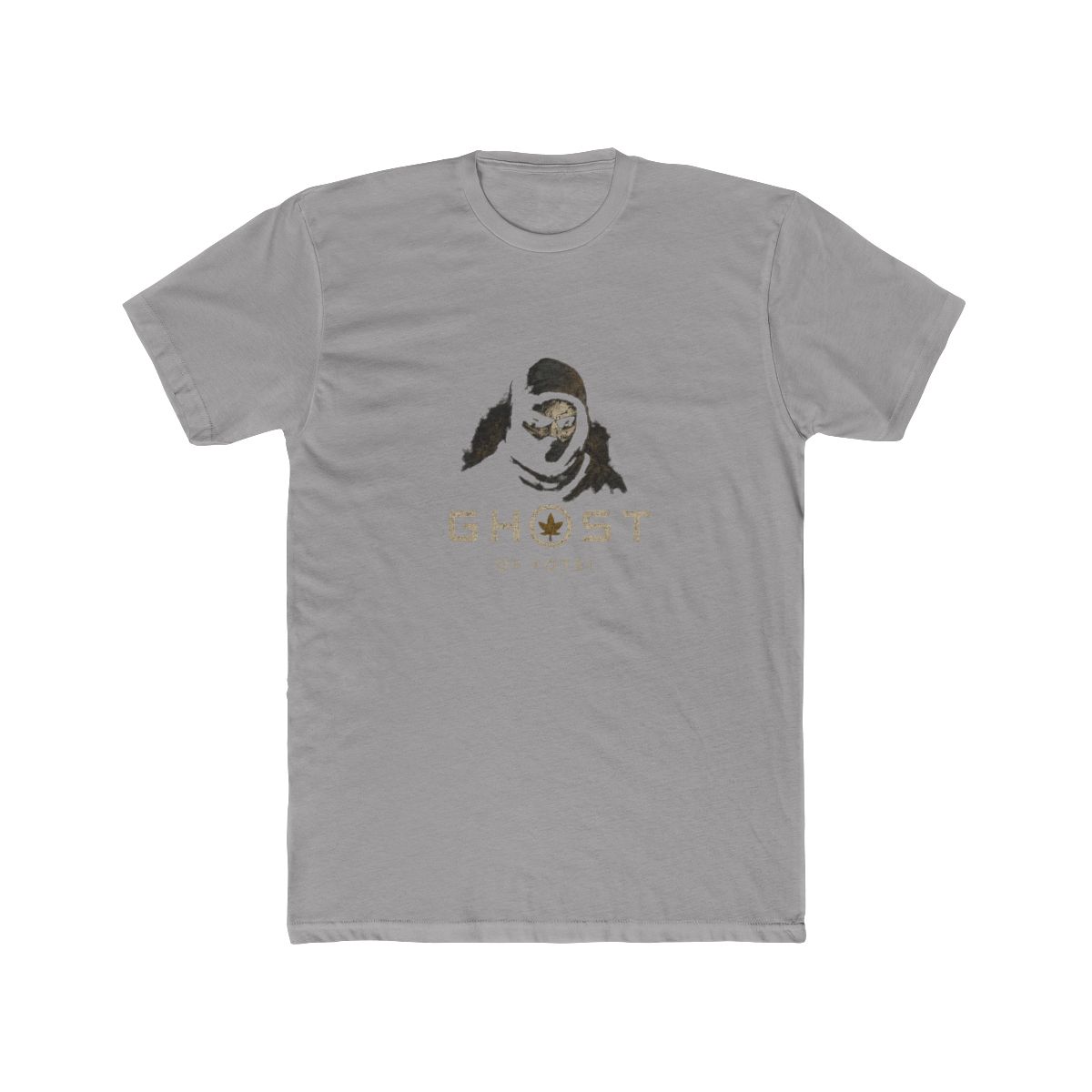 Dark grey T Shirt with a graphic of a masked figure and the white text "GHOST OF YOTEI". The design includes a circular emblem with a leaf. The shirt has a vintage, worn appearance - Official T-Shirts merchandise