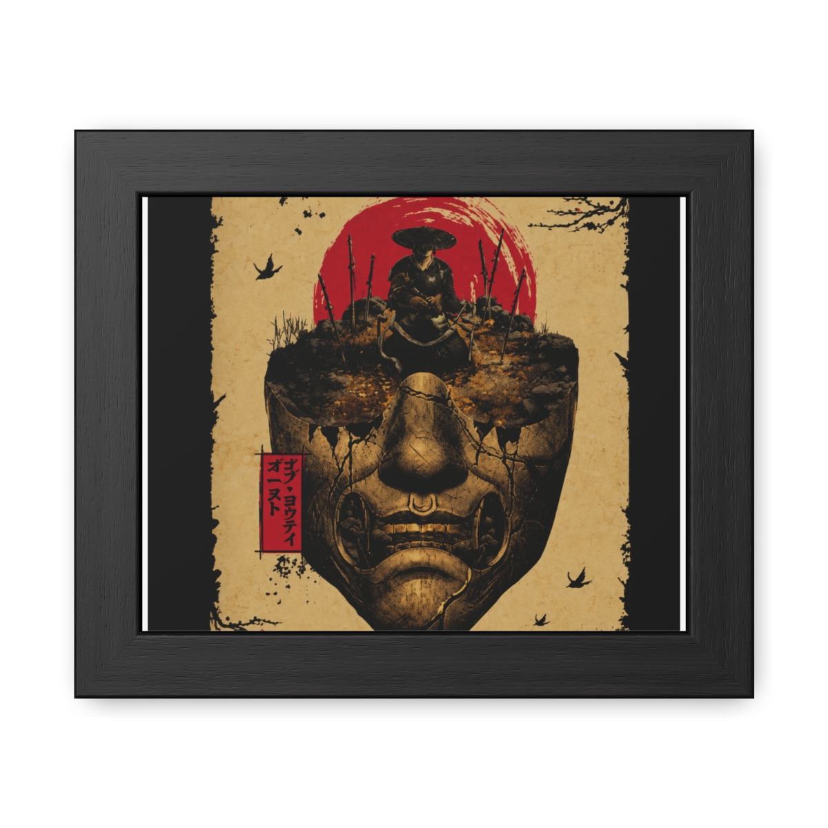 Framed poster with a stylized illustration of a samurai figure above a cracked mask, set against a red sun. The poster includes the text "GHOST OF YOTEI" and Japanese characters. The artwork has a...