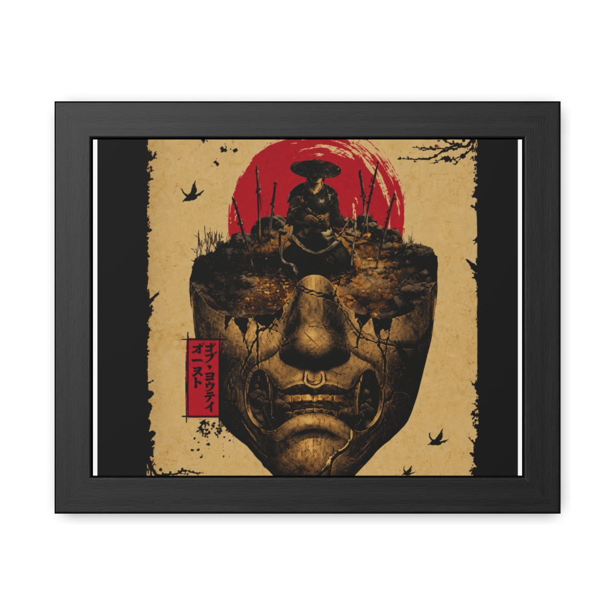 Framed poster with a stylized illustration of a samurai figure above a cracked mask, set against a red sun. The poster includes the text "GHOST OF YOTEI" and Japanese characters. The artwork has a... - alternate angle 3, merchandise