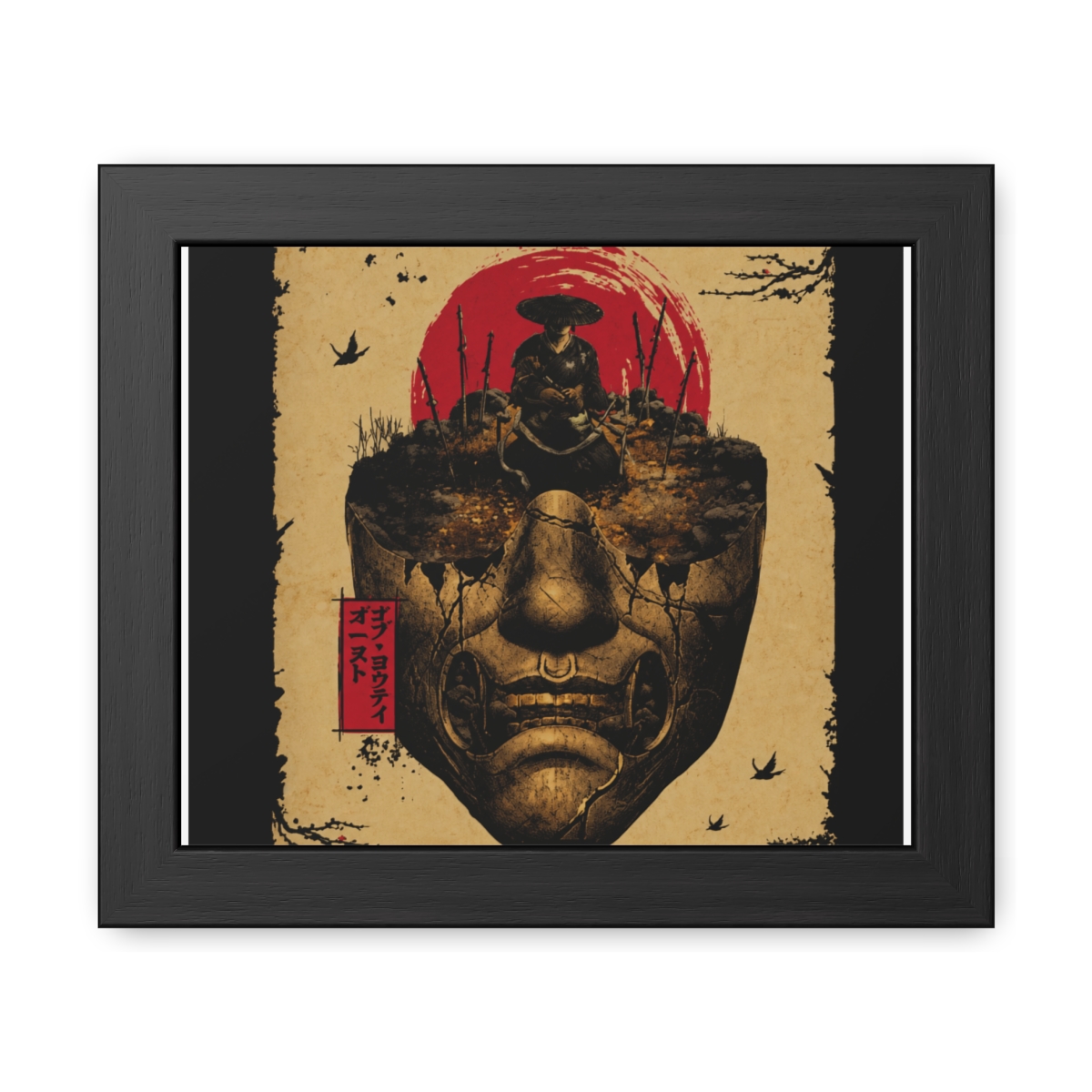 Framed poster with a stylized illustration of a samurai figure above a cracked mask, set against a red sun. The poster includes the text "GHOST OF YOTEI" and Japanese characters. The artwork has a... - alternate angle 1, merchandise